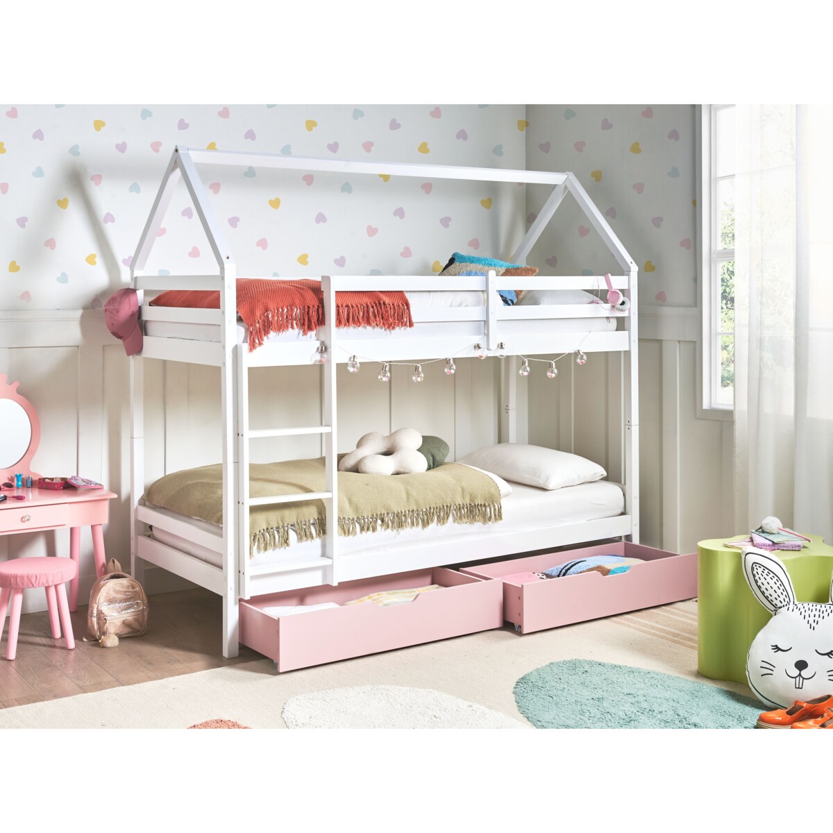 Łóżko piętrowe z szufladami Domek Drewno sosnowe TERNAS 90 x 200 cm Różowy