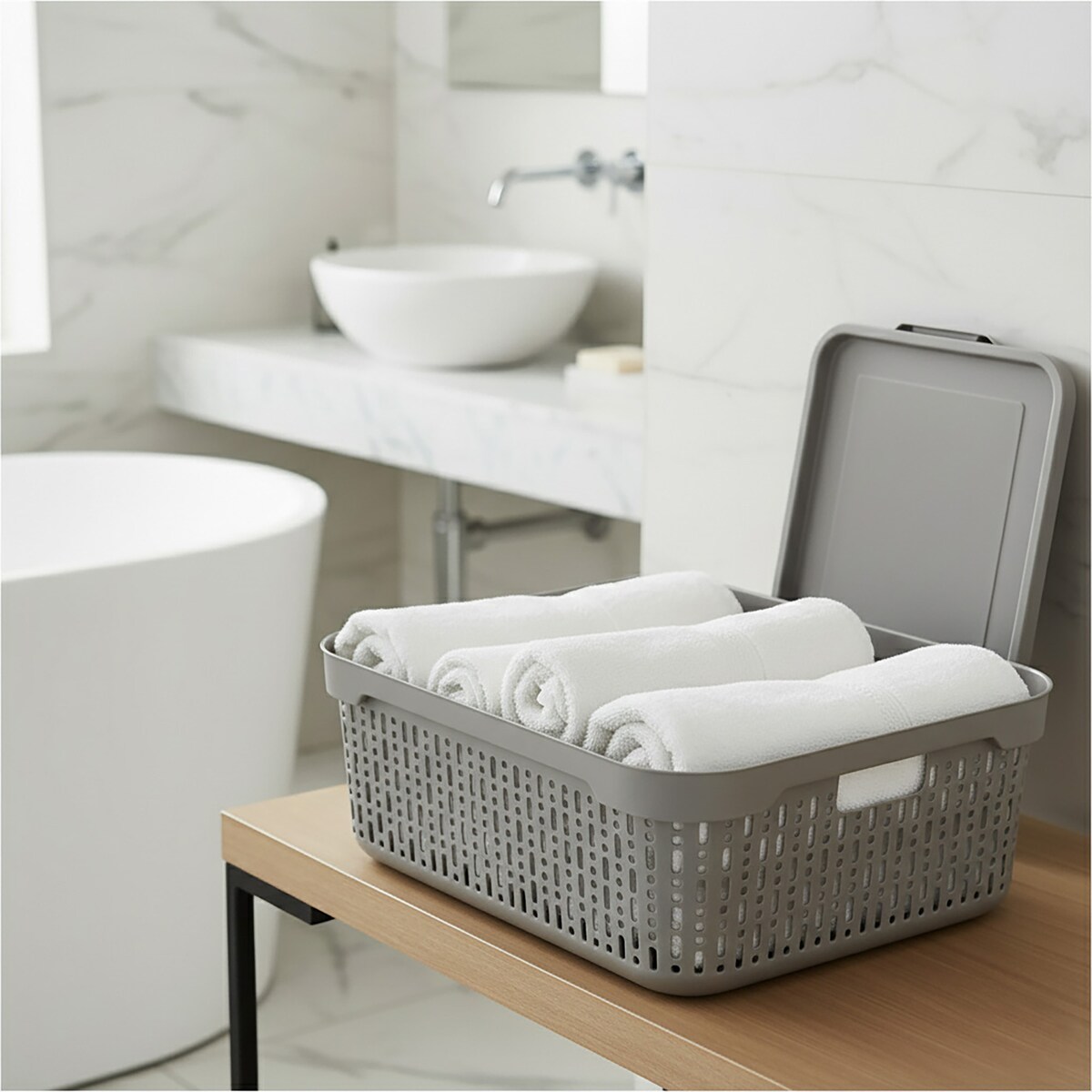 Koszyk Koszyczek Ażurowy XL Plastikowy Na Kosmetyki Do Łazienki Pojemnik Z Pokrywką Zamykany Z Dziurkami Jasnoszary