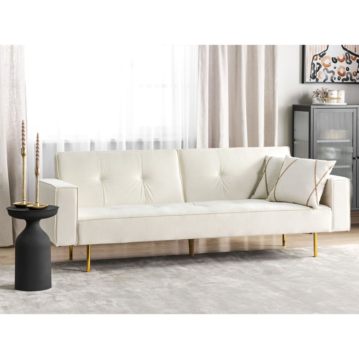 Sofa rozkładana welurowa złamana biel VISNES