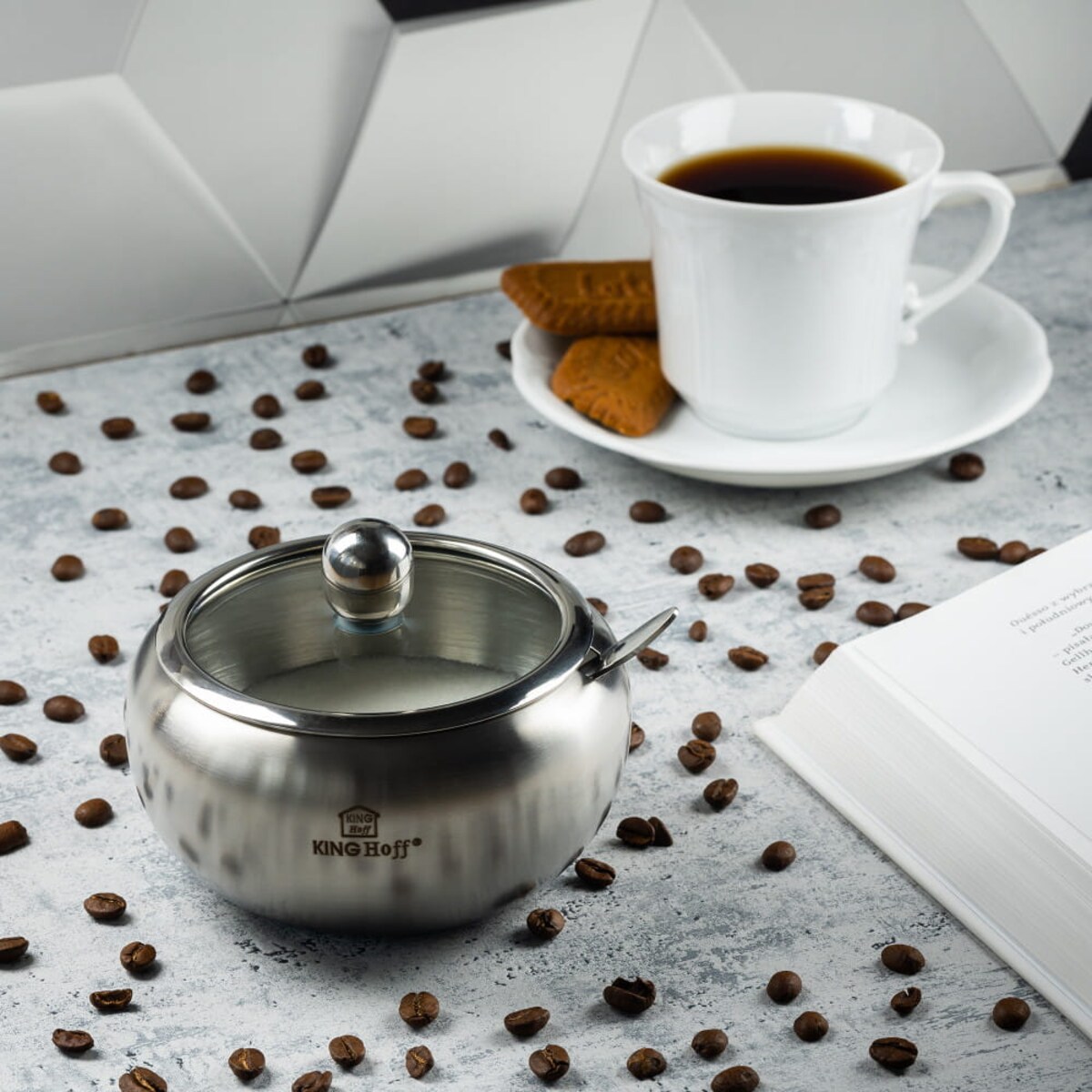 Cukiernica stalowa z łyżeczką Satyna satynowa pojemnik na cukier KINGHOFF