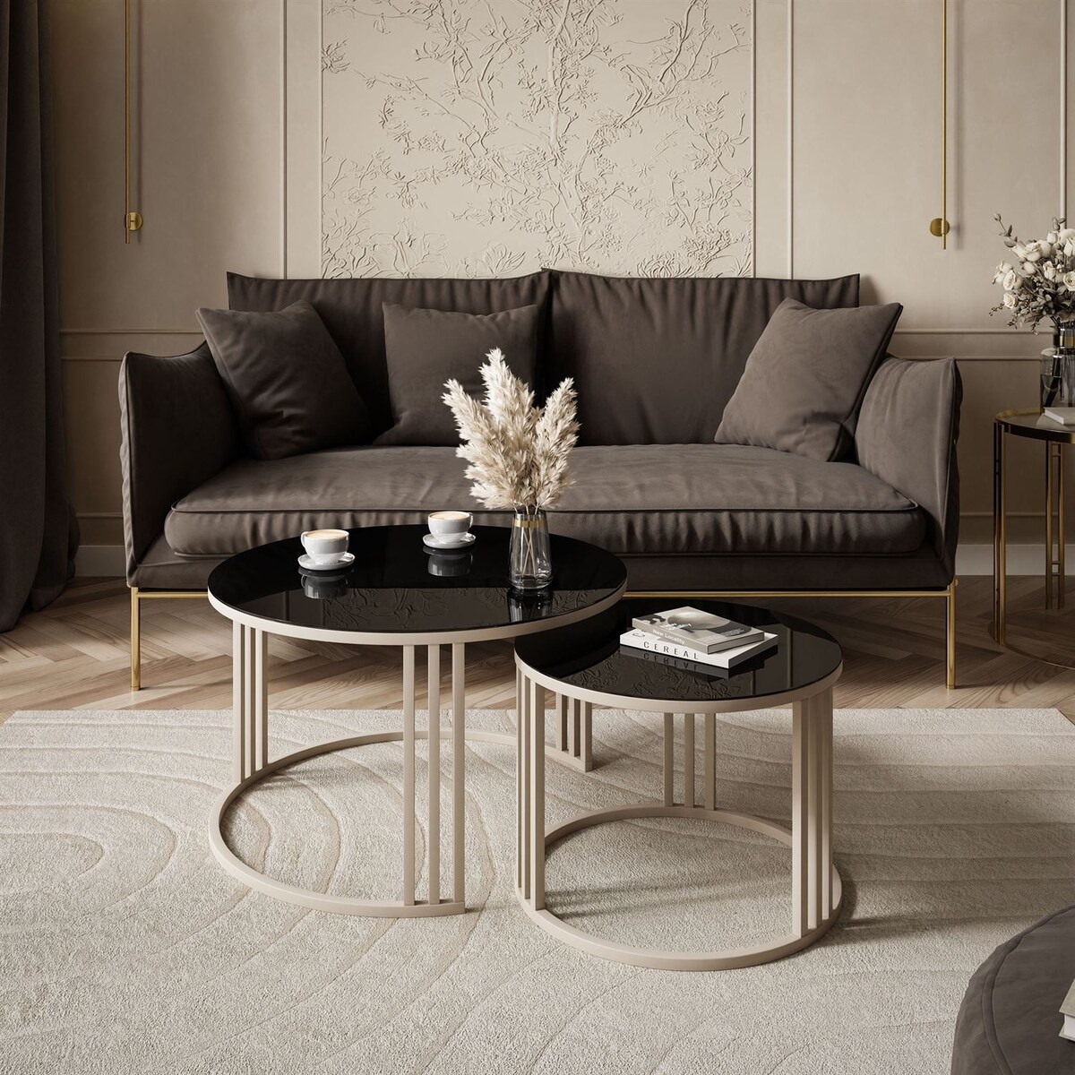 Stolik kawowy LORI 2w1 KASZMIR ze szklanym blatem, czarne szkło