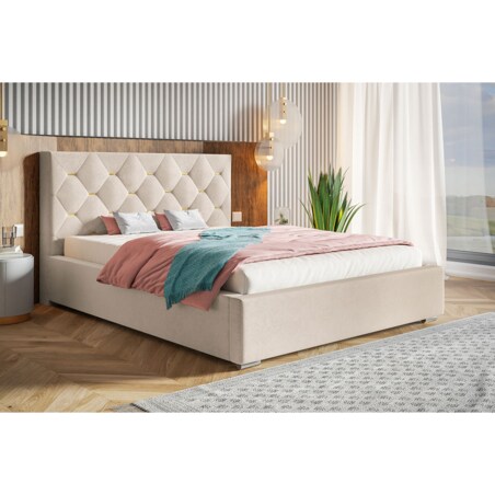 Łóżko sypialniane 200x200 BEN 17 stelaż metelowy, z pojemnikiem-beżowe