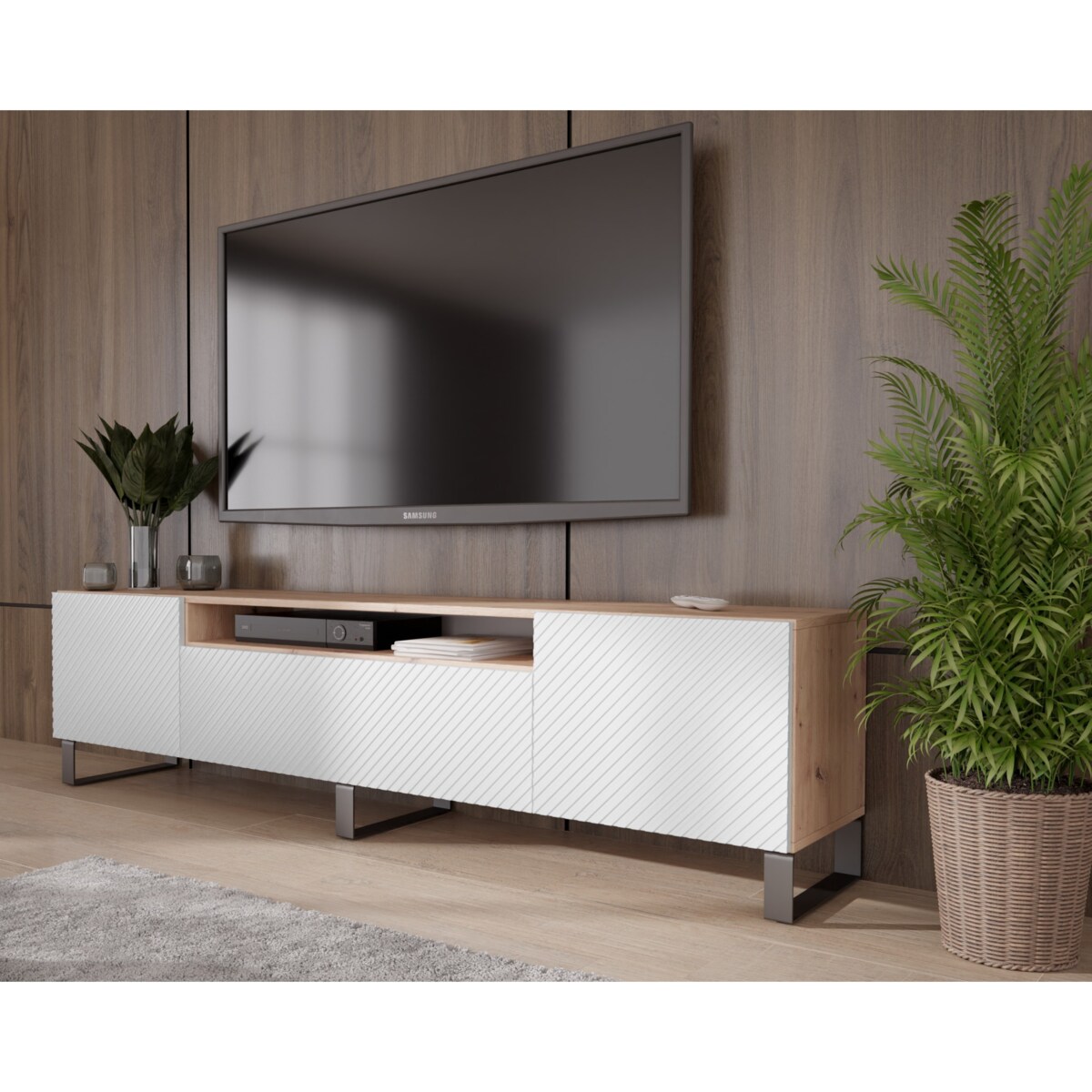 Szafka RTV NIKOL 200cm na metalowych nogach, frezowane fronty-biała+artisan