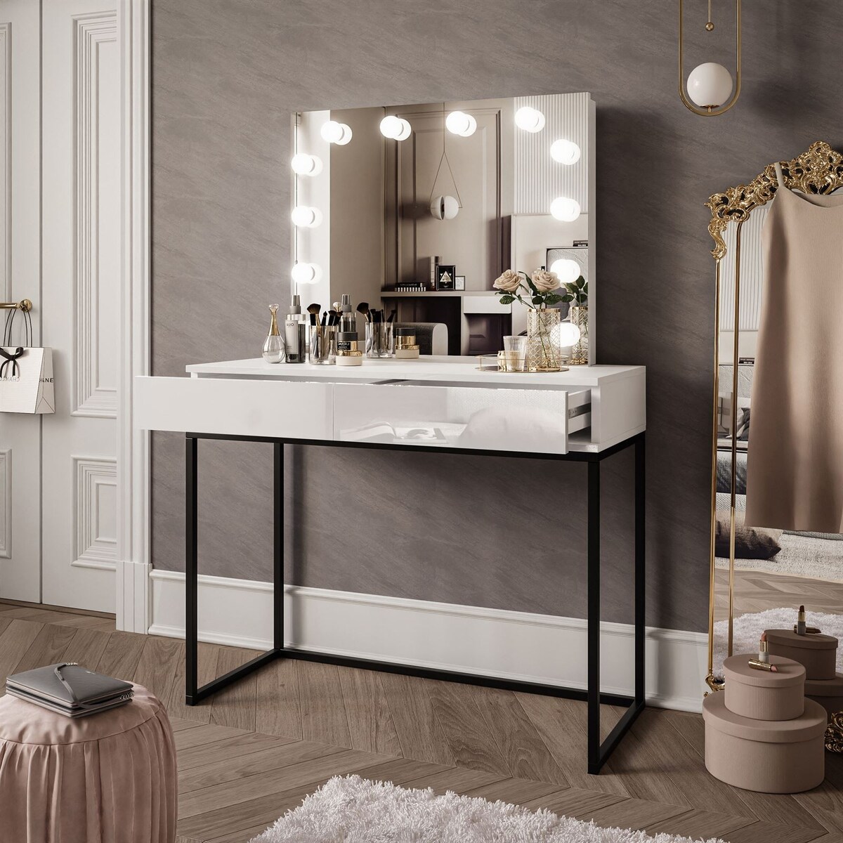 Toaletka BLANCO LOFT ELITE 100 cm z lustrem i oświetleniem LED - biały wysoki połysk