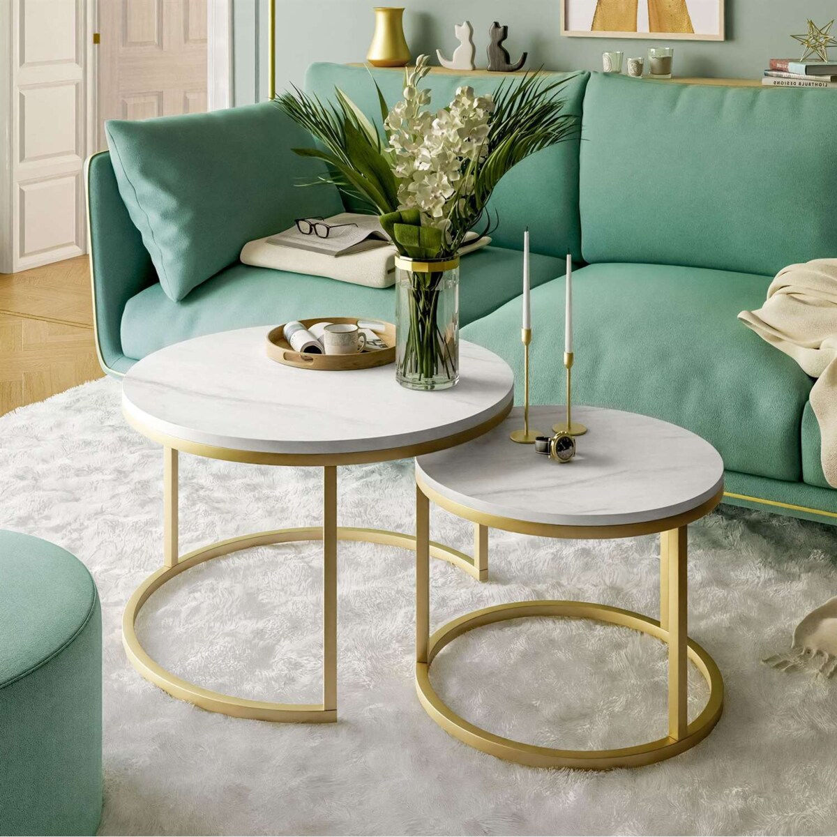 Okrągły stolik kawowy CIRI 2w1 złoty mat marmur levanto 70/50 cm