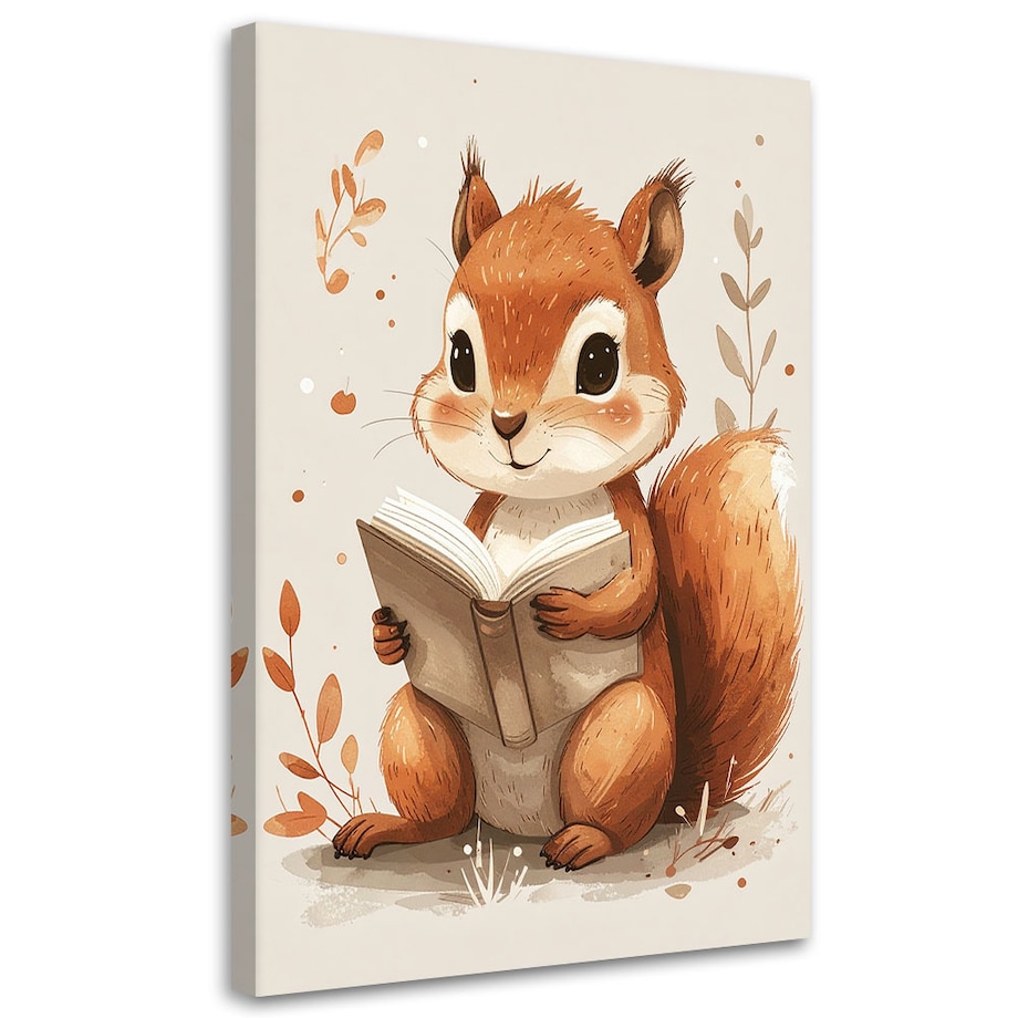 Obraz do pokoju dziecka niemowlaka, Wiewiórka czytająca książkę zwierzęta leśne 20x30 cm
