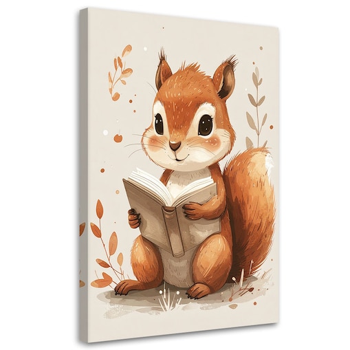 Obraz do pokoju dziecka niemowlaka, Wiewiórka czytająca książkę zwierzęta leśne 20x30 cm