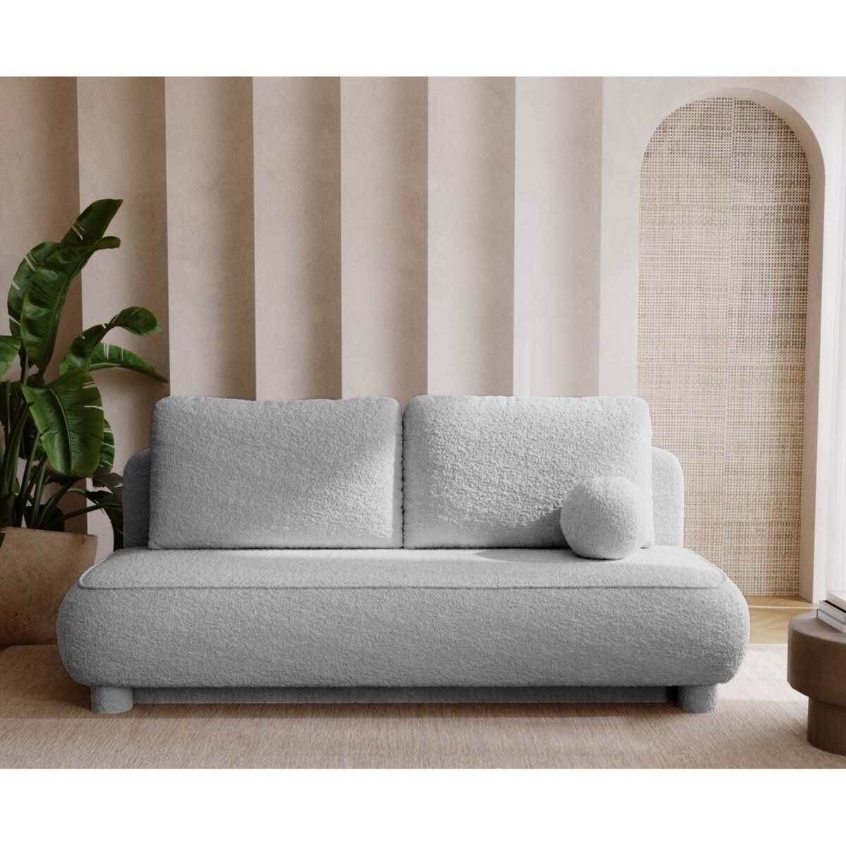 Kanapa Nowoczesna MAJA z funkcją spania w tkaninie boucle - jasny szary