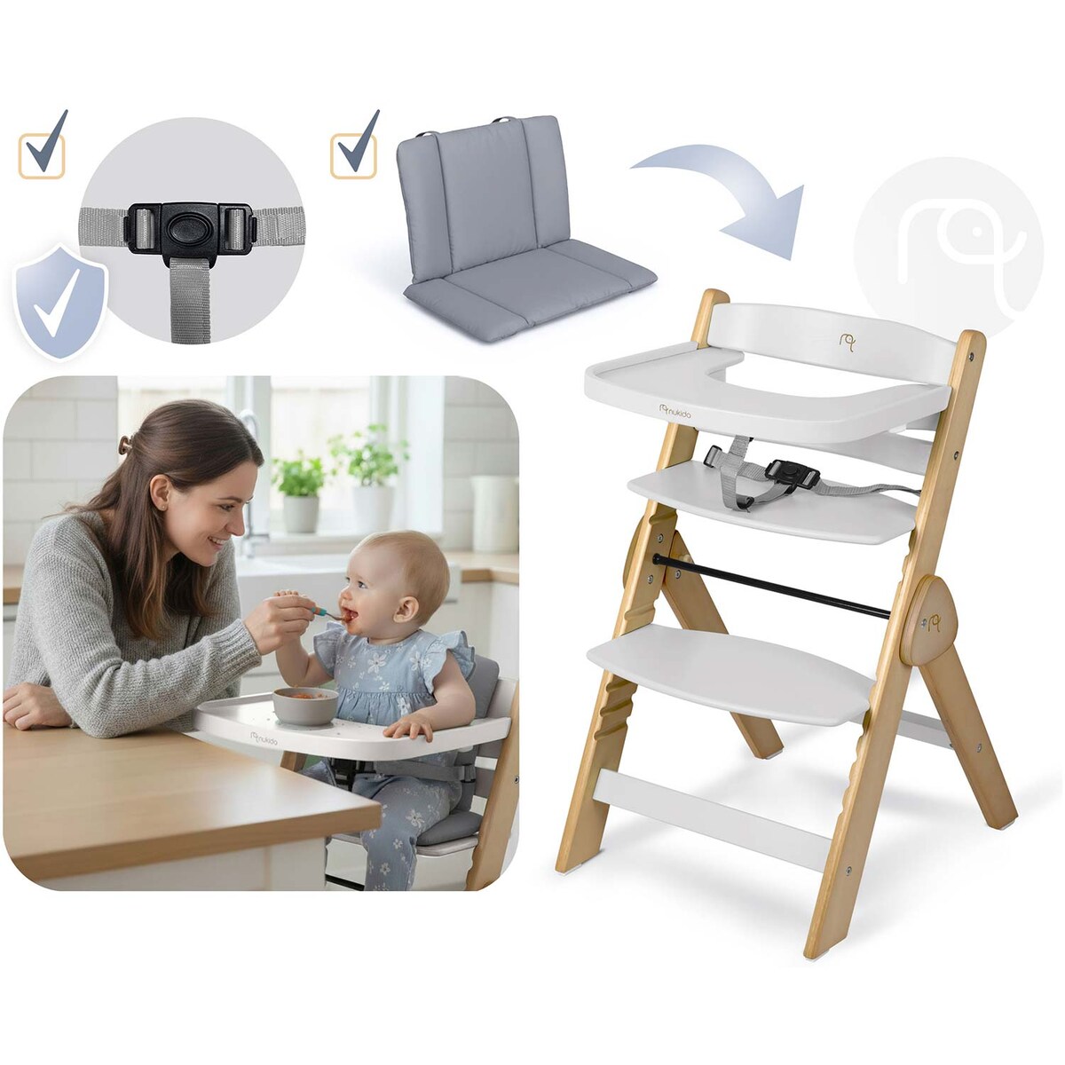 Drewniane krzesełko do karmienia Nukido składane regulowane pasy 702001