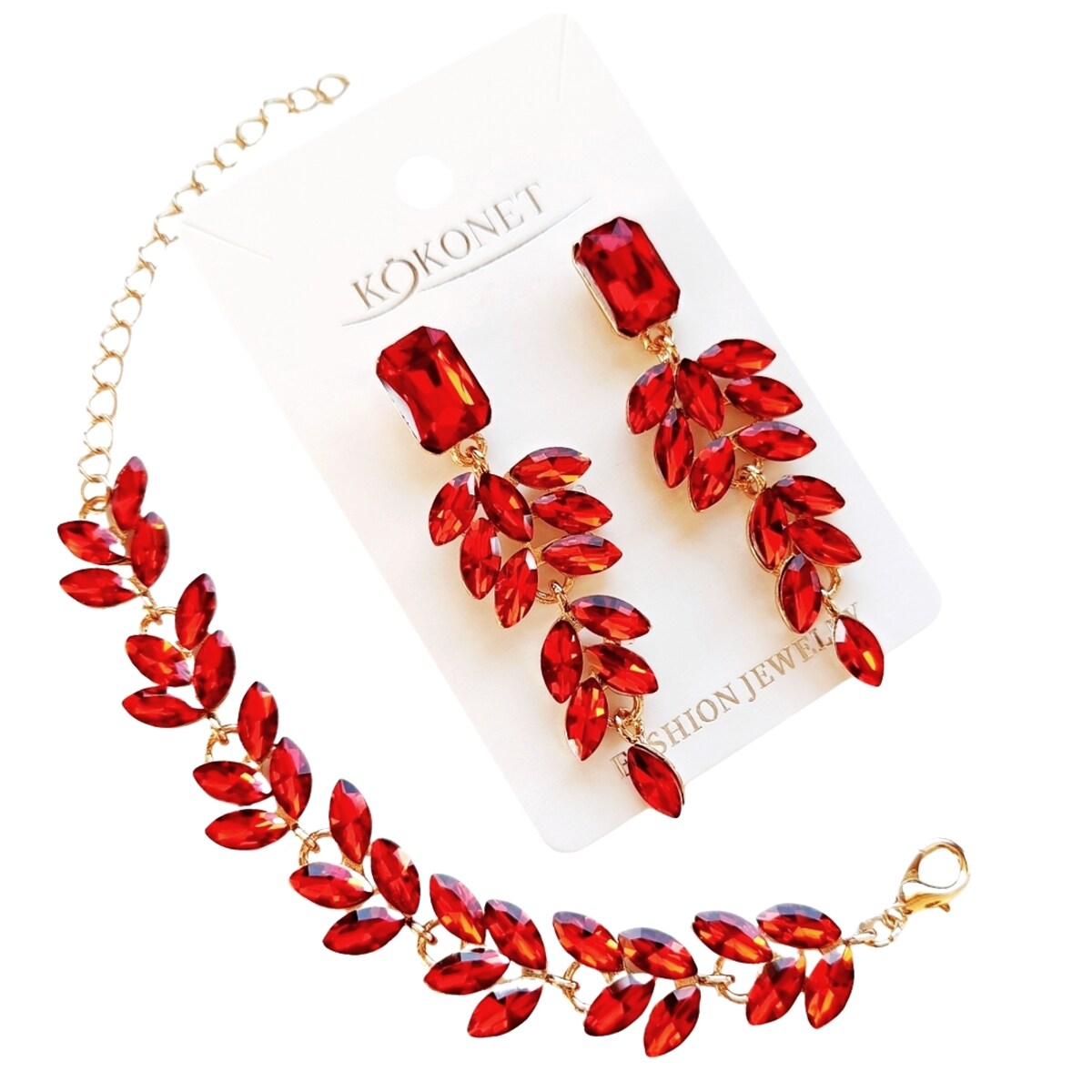 Zestaw biżuterii czerwony studniówka prezent bransoleta eleganckie kolczyki