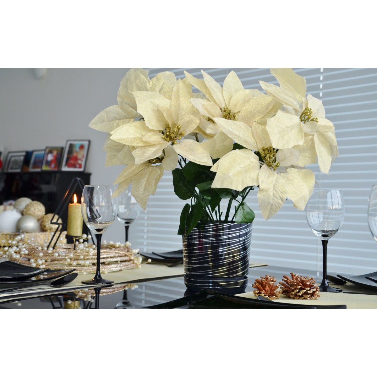 32 cm wzór CZARNA ZE SREBRNĄ NITKĄ Doniczka z podstawką glamour lustrzane srebrne paski połysk duża donica