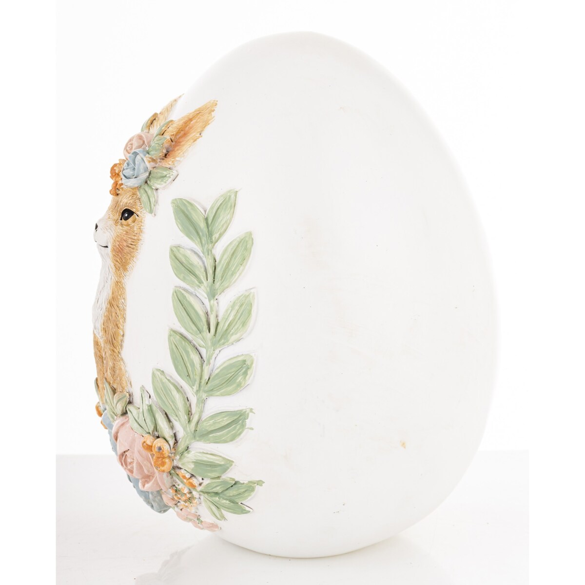 Dekoracja - jajko ozdobne 18x13x13 cm PISANKA biała z króliczką i kwiatami