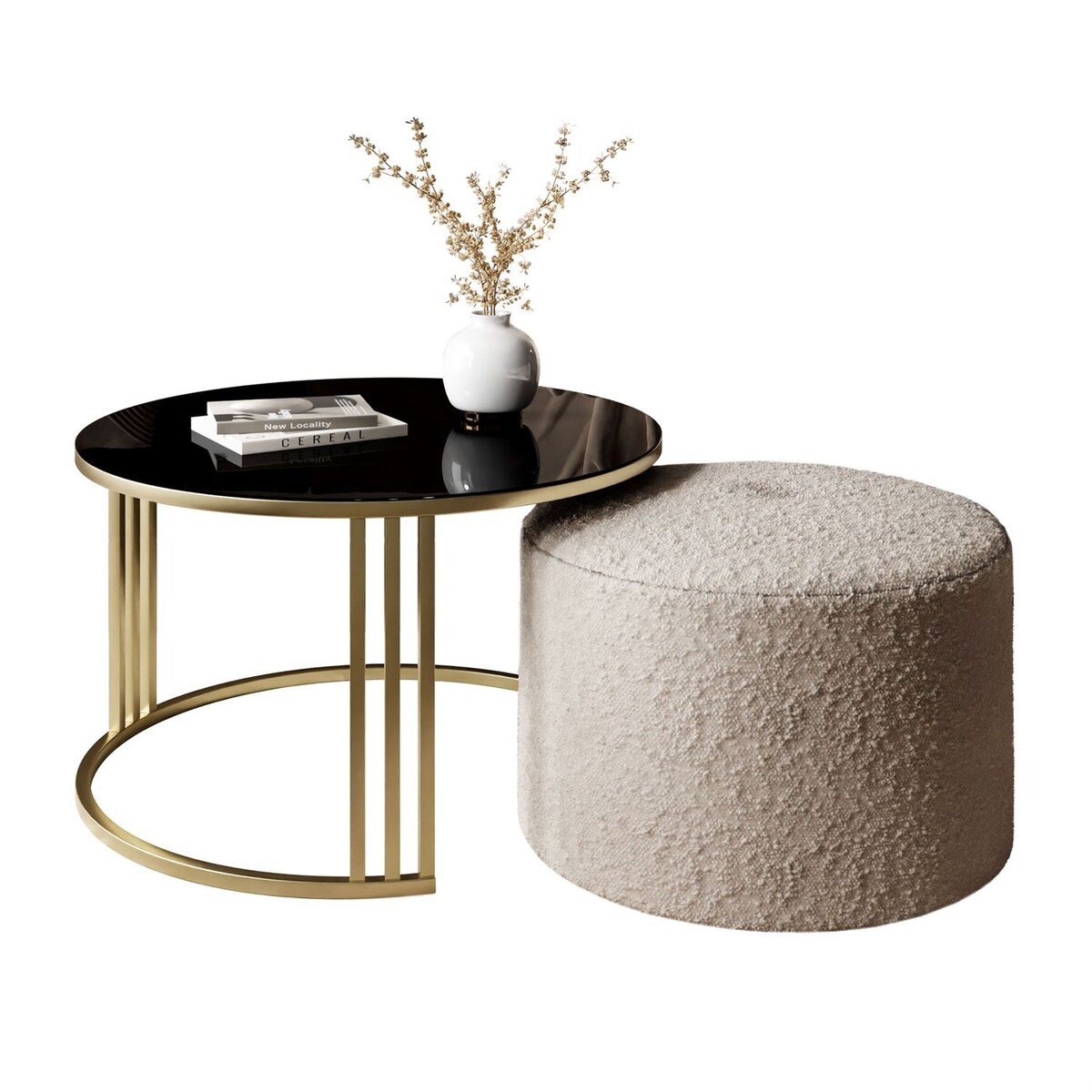 Stolik kawowy z pufą LORI GLASS złoto szczotkowane, czarne szkło / Coral 50