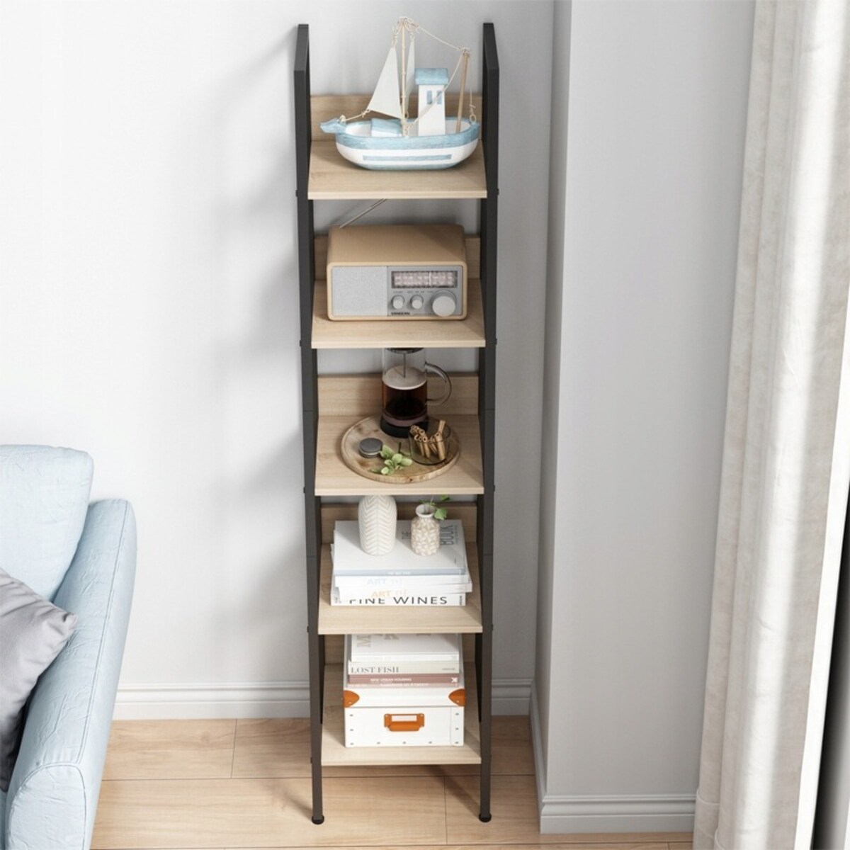 Industrialny wysoki regał stojący jasny brąz 5 półek drabinka loft 170 cm