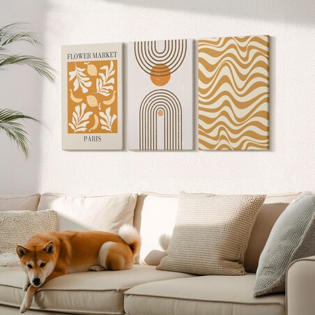 Zestaw 3 dużych obrazów na płótnie - Wzory roślinne geometryczne postery - pomarańczowy