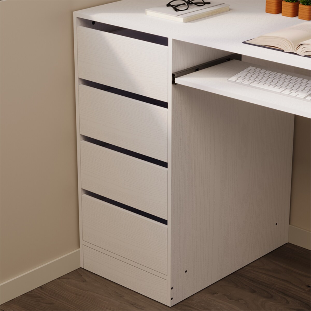 BIURKO KOMPUTEROWE STOLIK BIAŁE MŁODZIEŻOWE NOWOCZESNE Z SZUFLADAMI I PÓŁKĄ