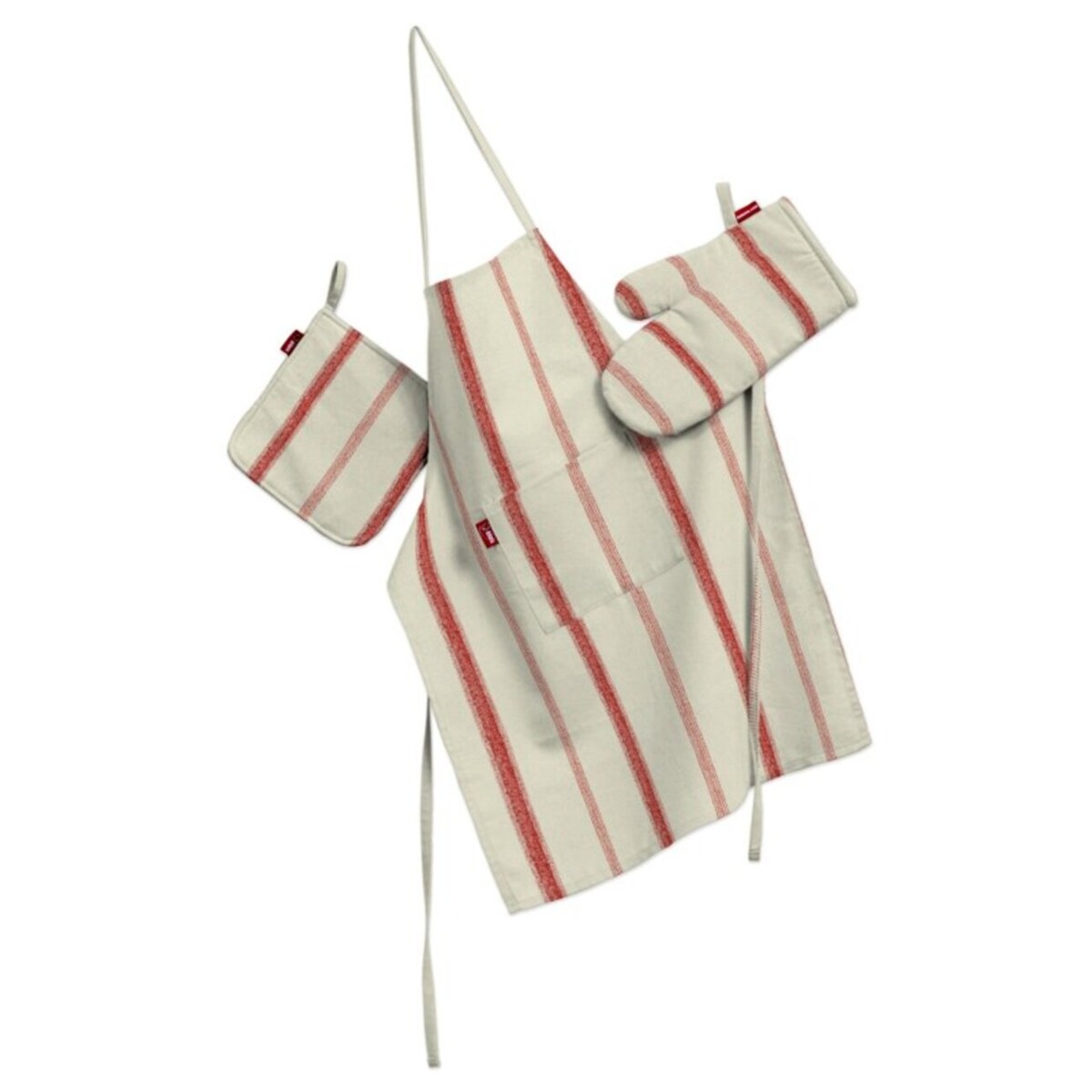 Komplet kuchenny fartuch,rękawica i łapacz, czerwone paski na tle ecru, kpl, Avinon