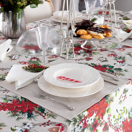 Obrus prostokątny 130 x 160 cm gwiazdy betlejemskie na szaro-beżowym tle