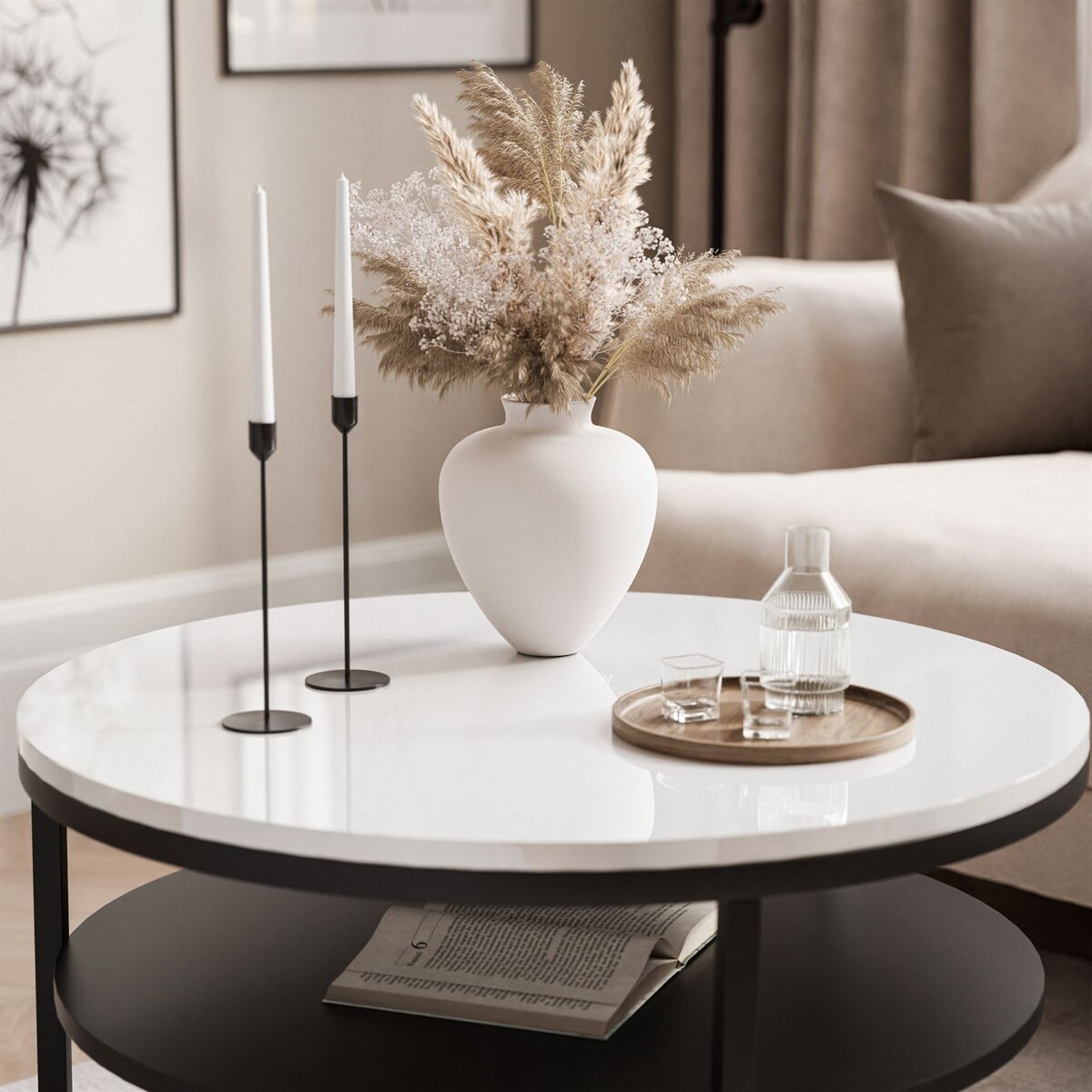 Stolik kawowy CIRI SLIM z półką czarny biały połysk