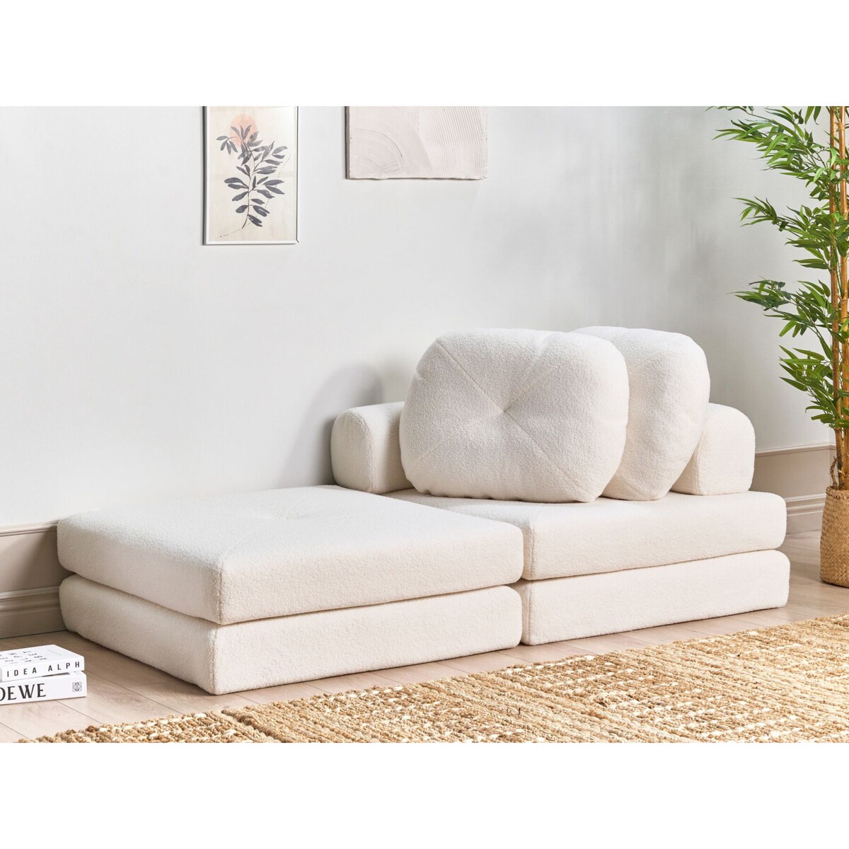 Sofa rozkładana jednoosobowa boucle biała OLDEN