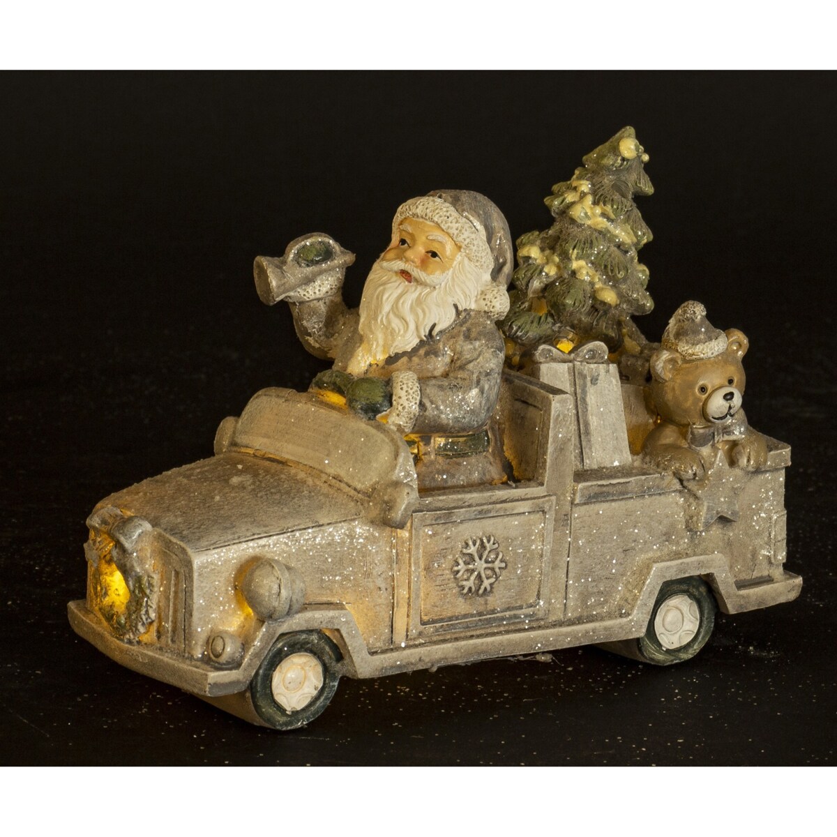 Dekoracja - samochód LED 11x15,5x7 cm Mikołaj z trąbką kierowcą