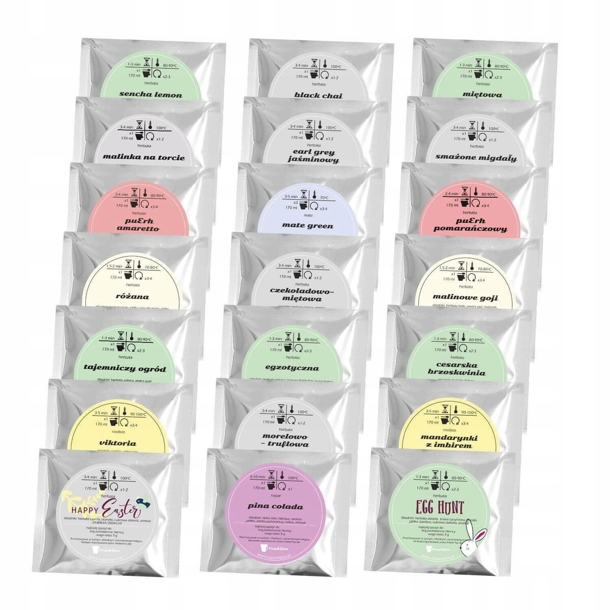 Zestaw herbat sypanych liściastych HAPPY EASTER - 21 różnych smaków prezent upominek paczka box na Wielkanoc Zajączka dla kobiety faceta