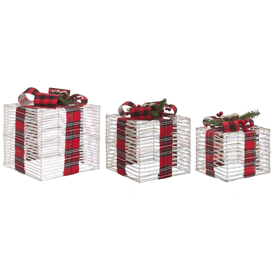 Zestaw 3 dekoracji świątecznych LED MANGEN Prezenty świąteczne 20/25/35 cm Złamana biel