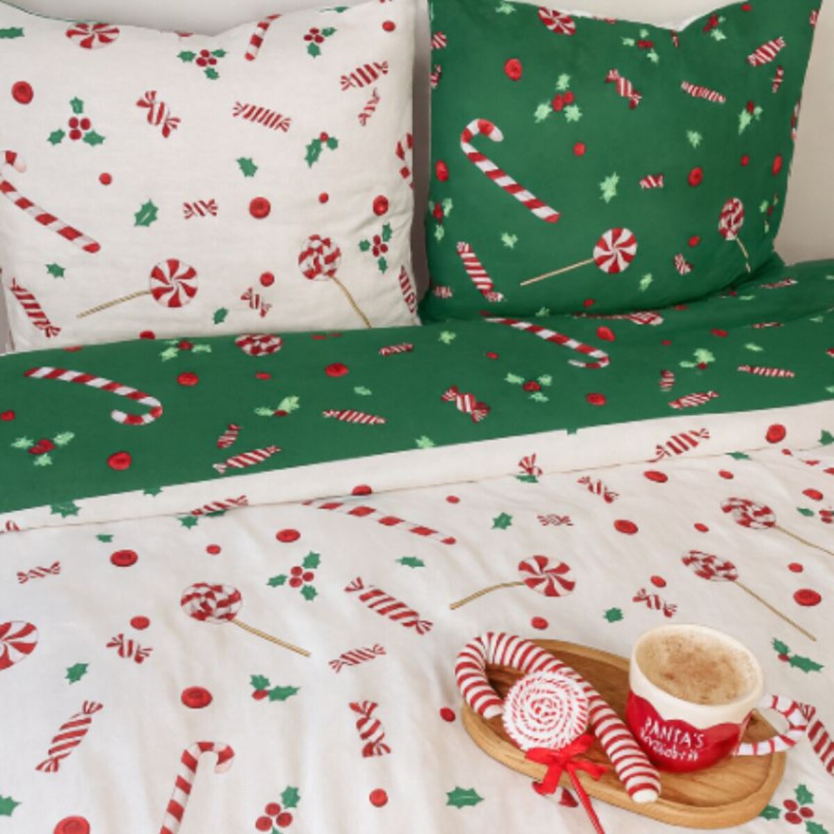 Dwustronna pościel bawełniana 200x220 - Świąteczna laski cukrowe