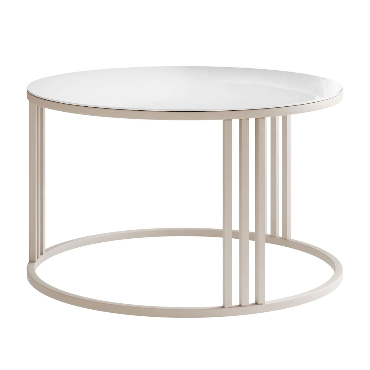 Okrągły stolik kawowy LORI GLASS na kaszmirowym stelażu, blat białe szkło