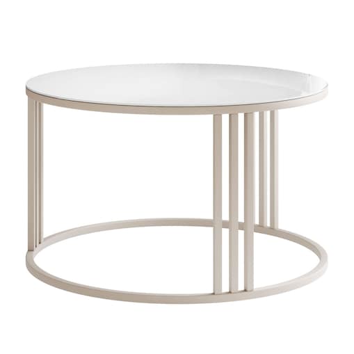 Okrągły stolik kawowy LORI GLASS na kaszmirowym stelażu, blat białe szkło