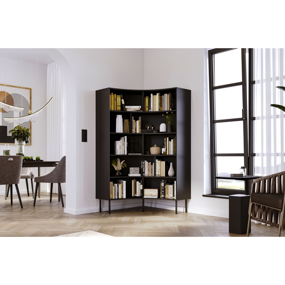 Nowoczesny narożny regał na książki Skandica HORN z czarnymi nogami / czarny