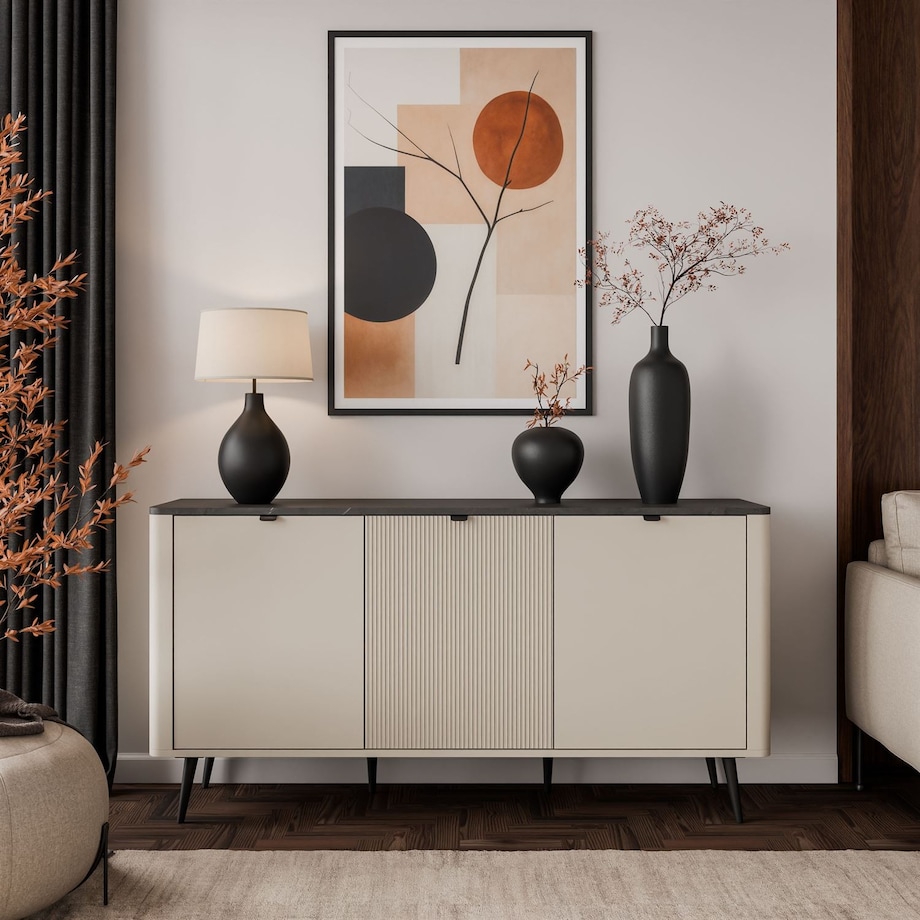 Komoda do sypialni AUTUMN 3D z ryflowanym frontem, kaszmir / szary kamień