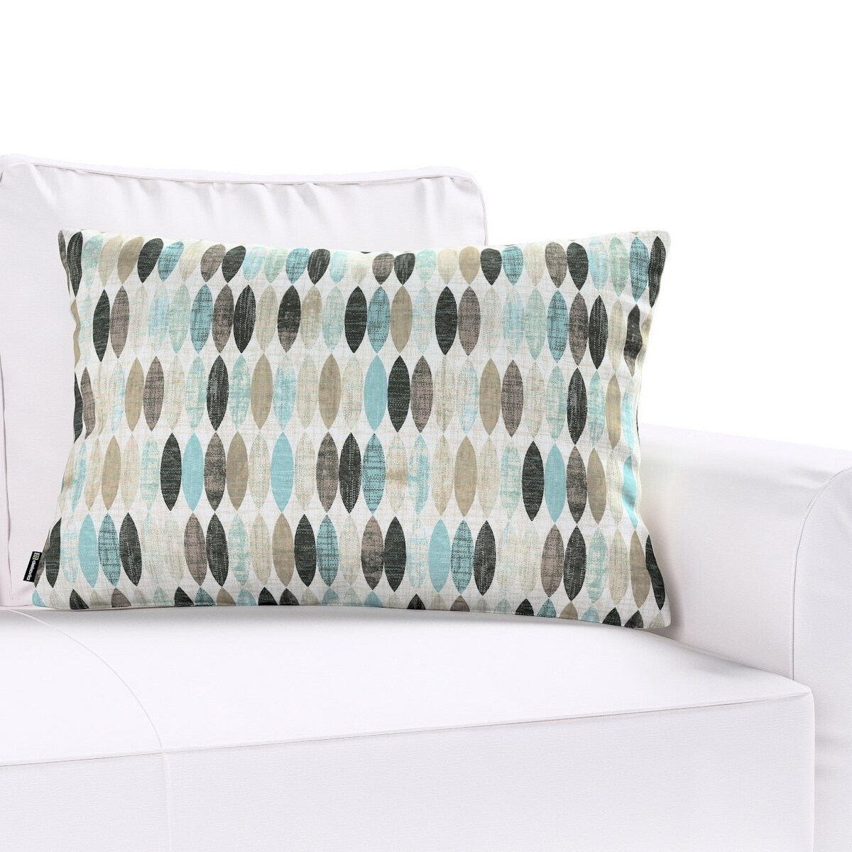 Poszewka Kinga na poduszkę prostokątną 47x28 wzory w odcieniach błękitu, beżu i czarnego na jasnym tle