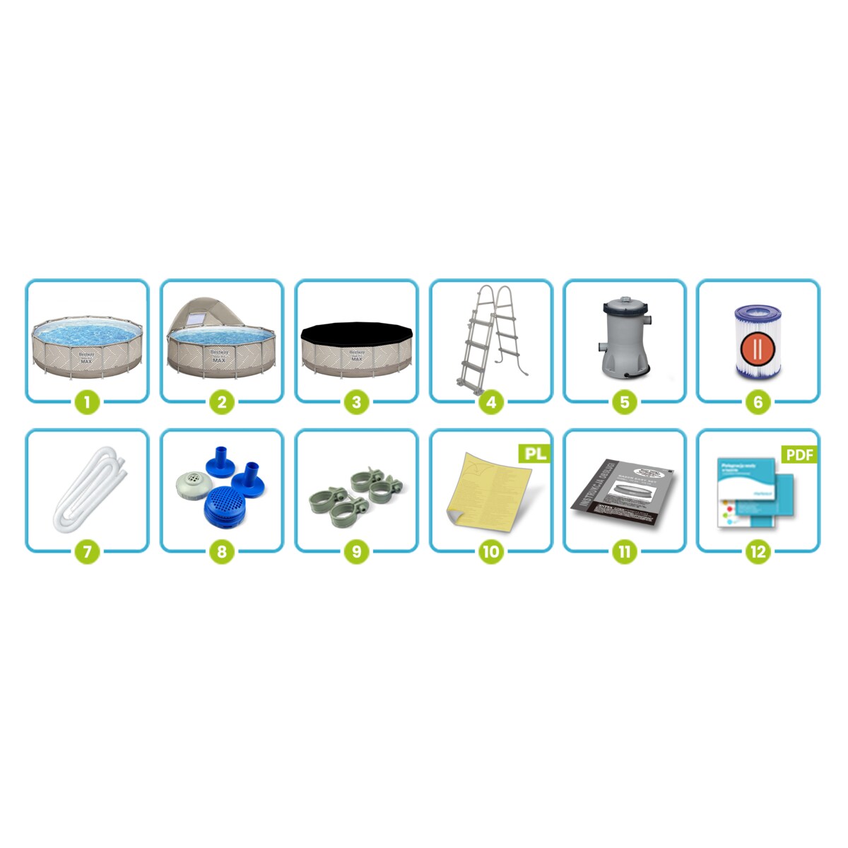 Basen stelażowy ogrodowy z daszkiem 396x107cm Bestway 12w1 zestaw