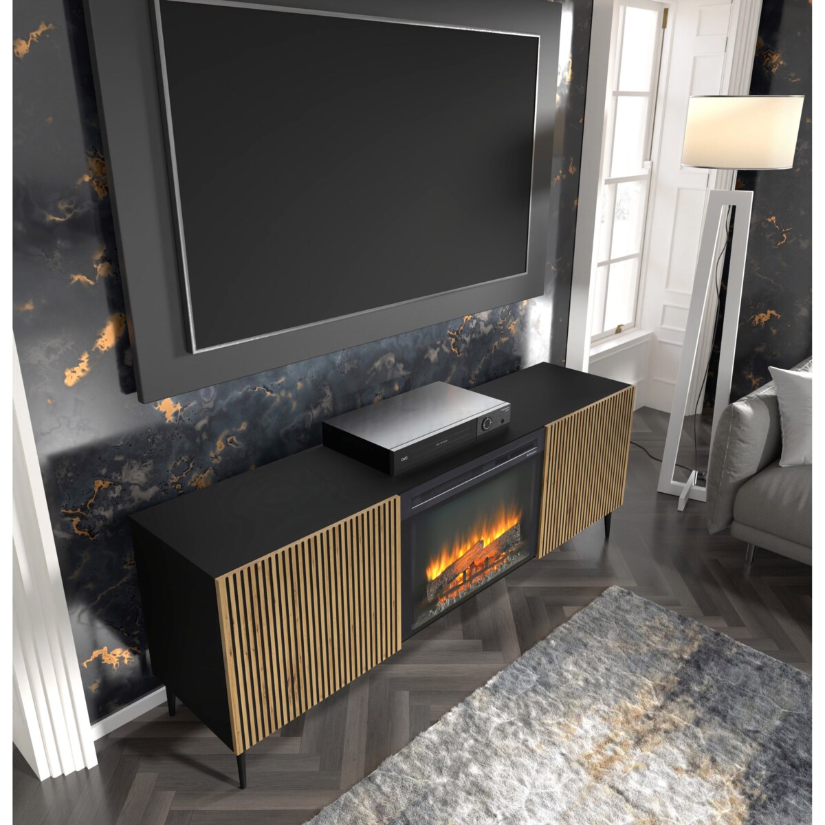 Szafka RTV RAVENNA F 177 cm z kominkiem 2D czarny // czarny artisan