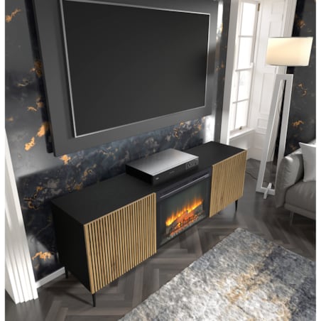 Szafka RTV RAVENNA F 177 cm z kominkiem 2D czarny // czarny artisan