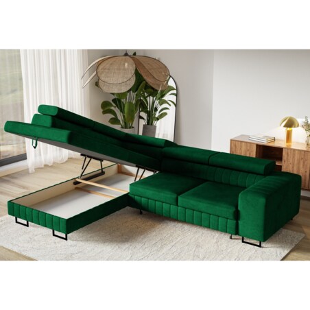 Narożnik NOLA do salonu, regulowane zagłówki-lewostronny- butelkowa zieleń