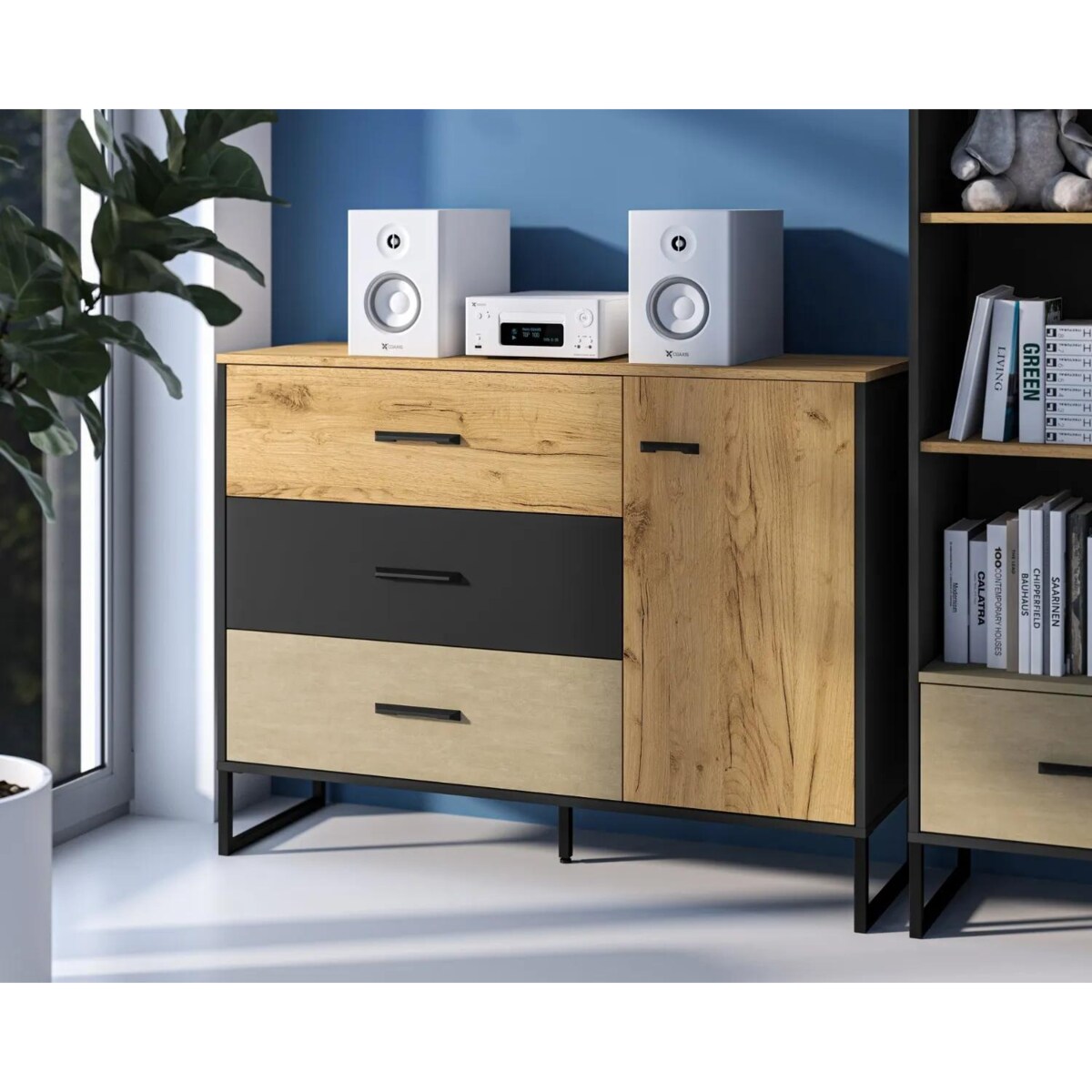 Komoda COLIN 06 1D3S 120 dąb złoty craft/czarna