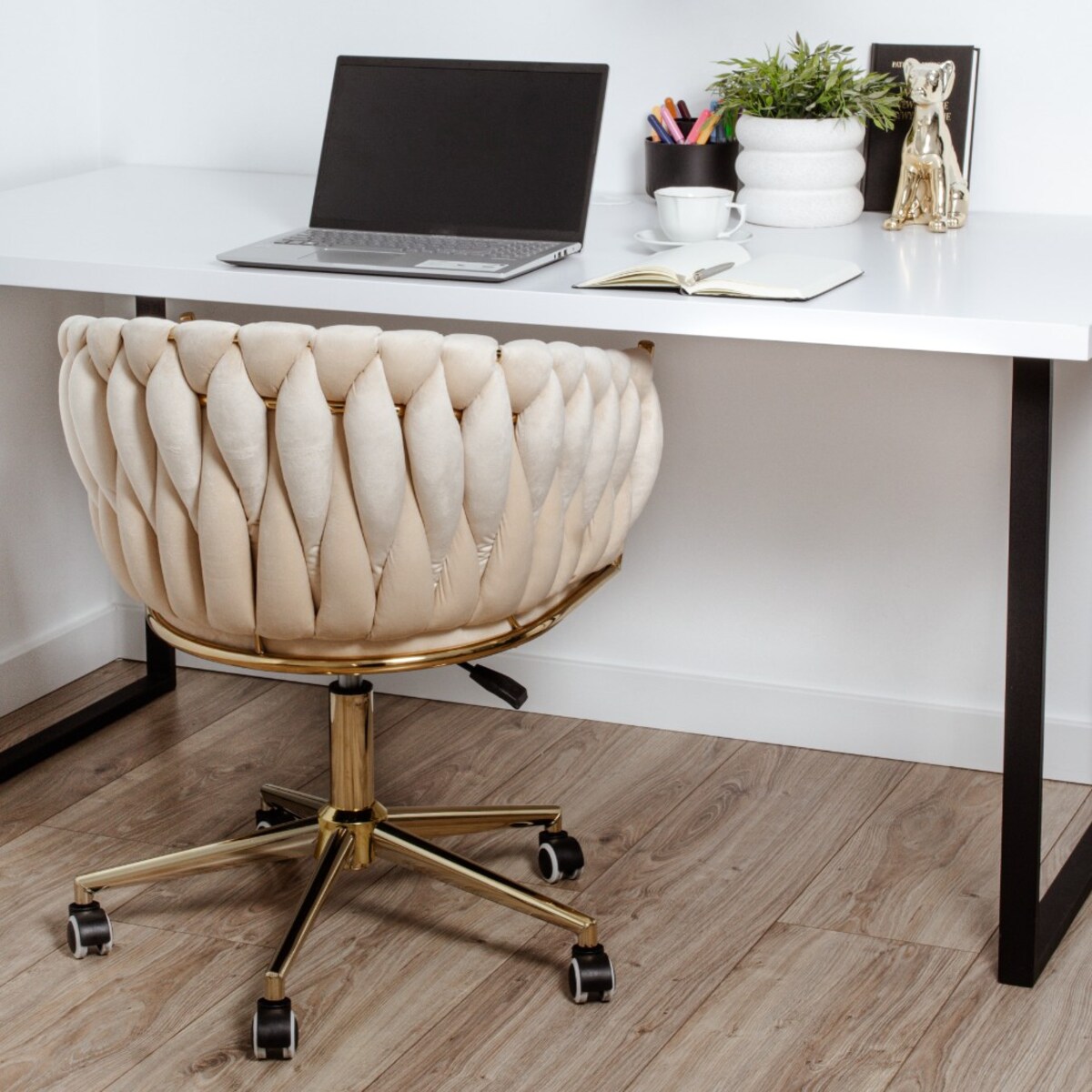 Fotel biurowy krzesło obrotowe regulowane welurowe beżowe