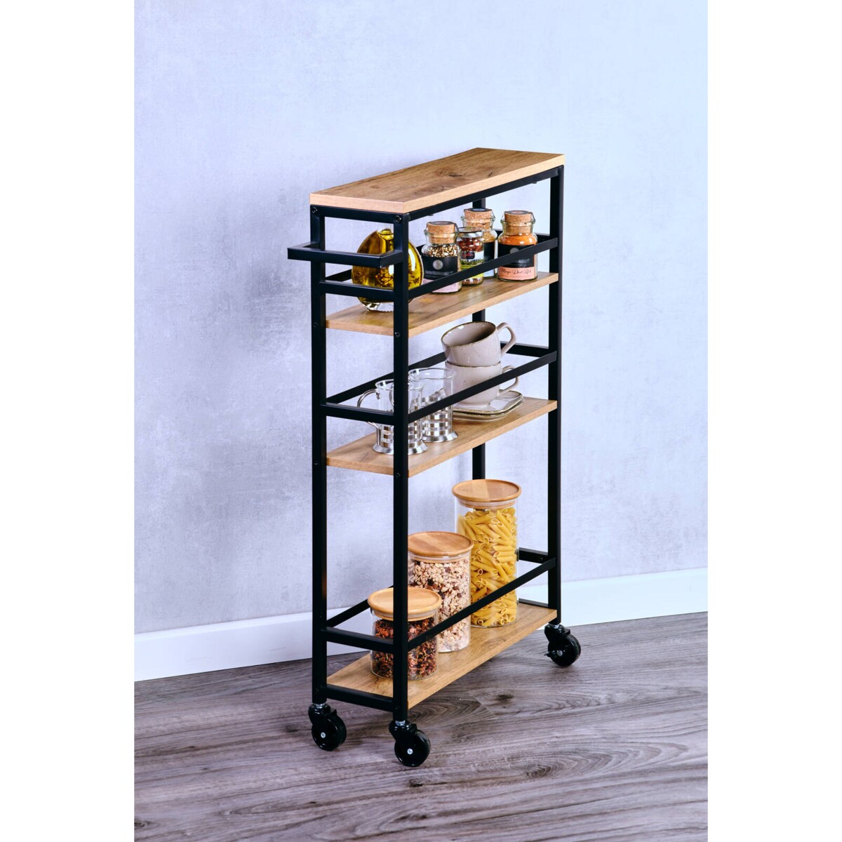 Wąski barek kuchenny z uchwytem i drewnianymi półkami, 81 x 50 x 15 cm