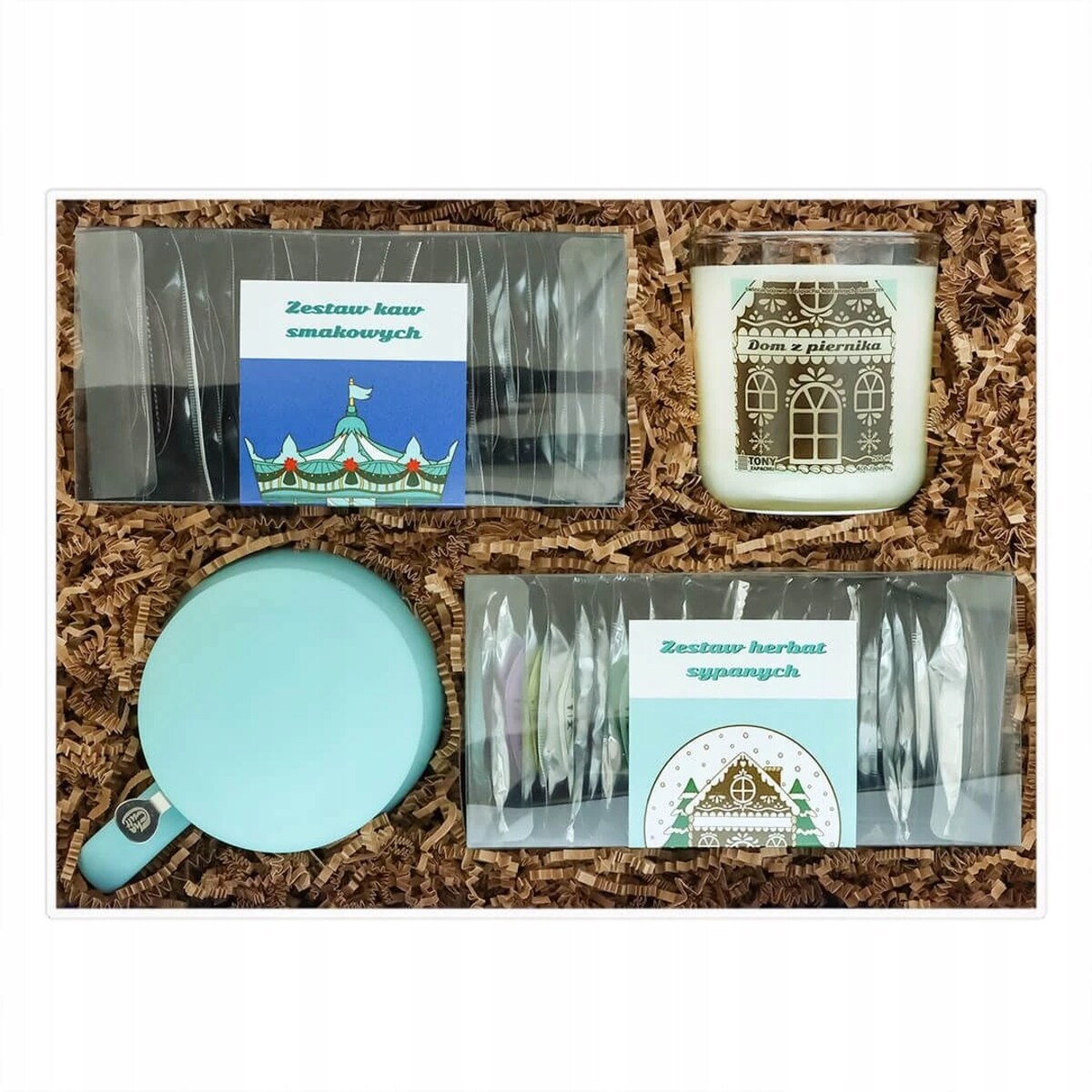 MEGA ZESTAW PREZENTOWY BOX KOSZ KAWA HERBATA SYPANA MIX SMAKÓW ŚWIECA KUBEK PREZENT UPOMINEK POD CHOINKĘ NA ŚWIĘTA GWIAZDKĘ MIKOŁAJA BOŻE NARODZENIE DLA KOBIETY FACETA MĘŻCZYZNY