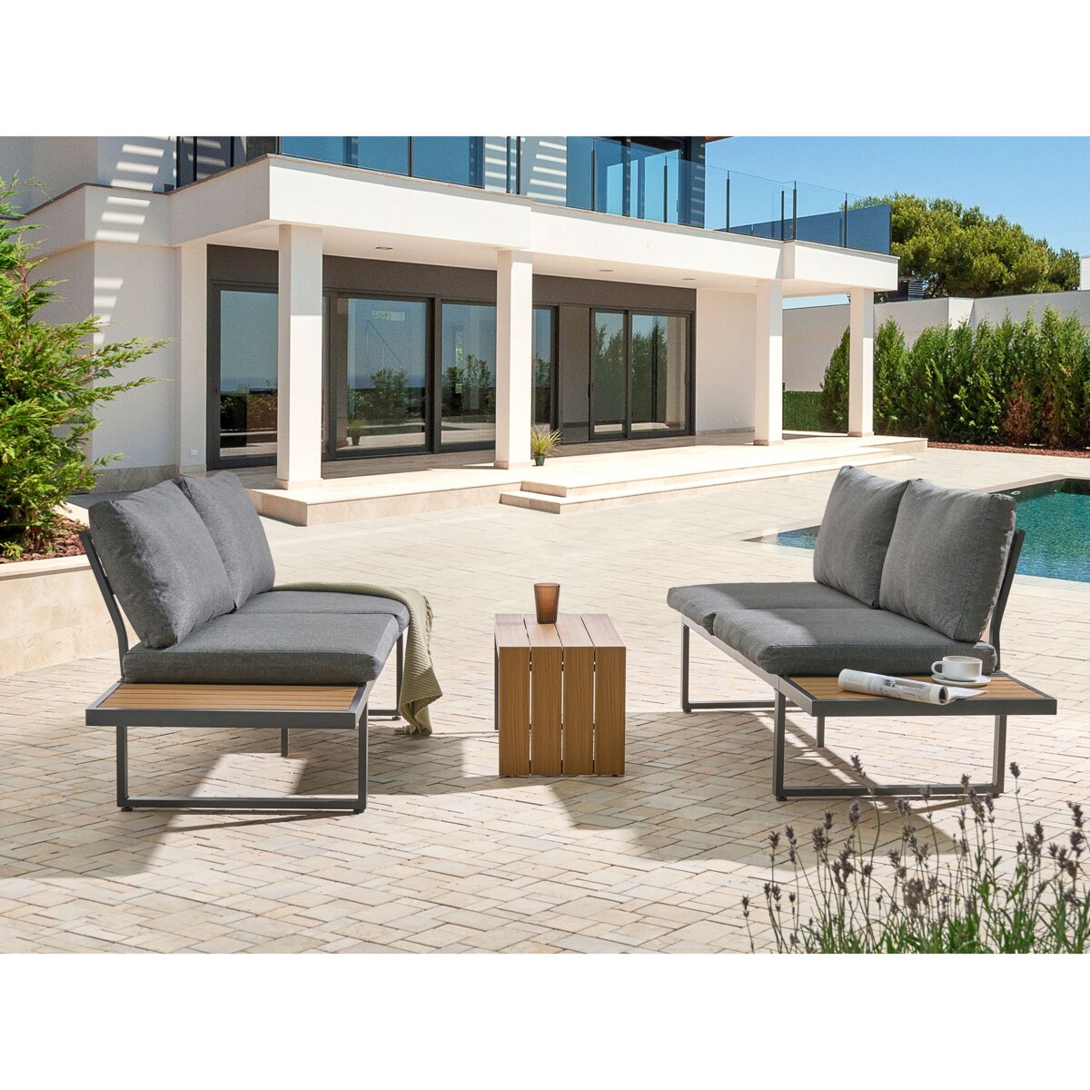 Narożnik ogrodowy ze stolikiem dla 4 osób PIENZA Prawostronny Jasny brąz/ szary