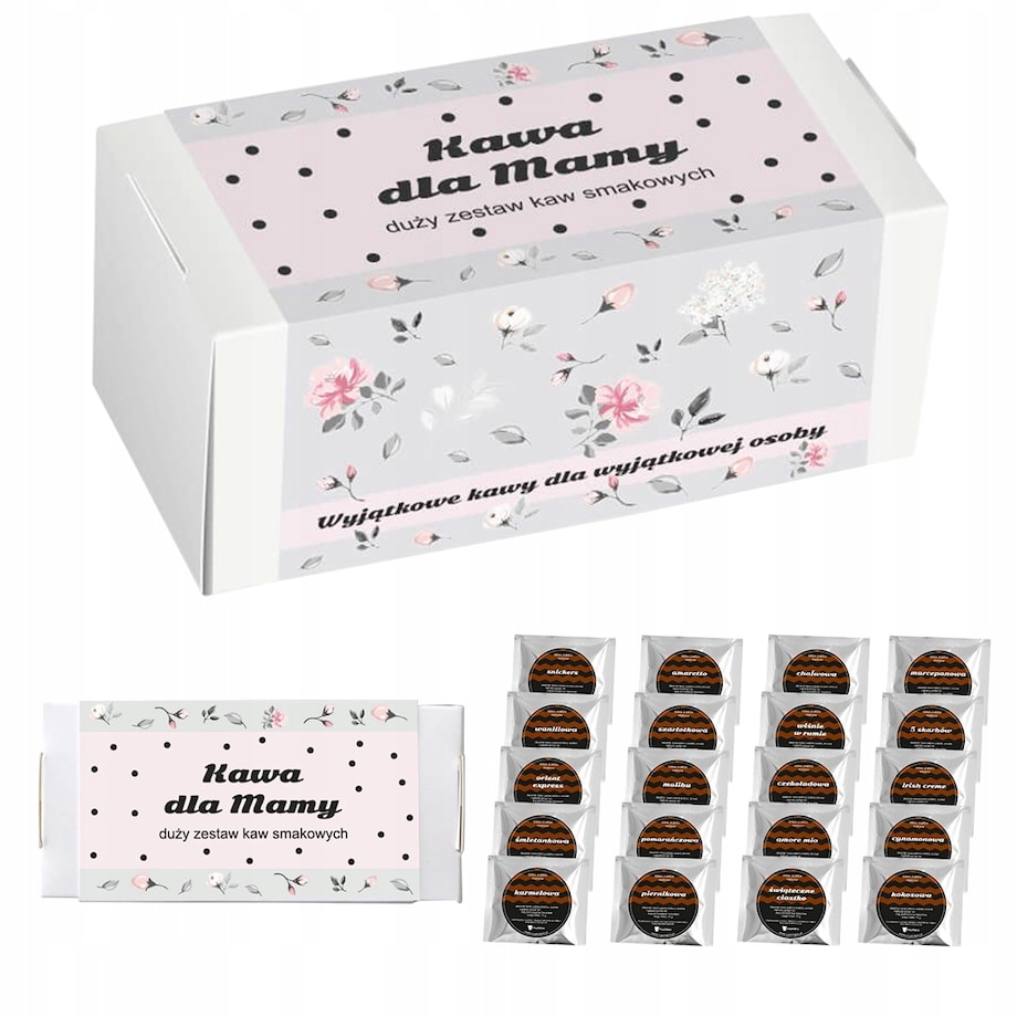 ZESTAW PREZENTOWY UPOMINKOWY BOX NA DZIEŃ MATKI URODZINY DLA MAMY TEŚCIOWEJ - MIX 20 RÓŻNYCH KAW SMAKOWYCH DESEROWYCH MIELONYCH ARABICA