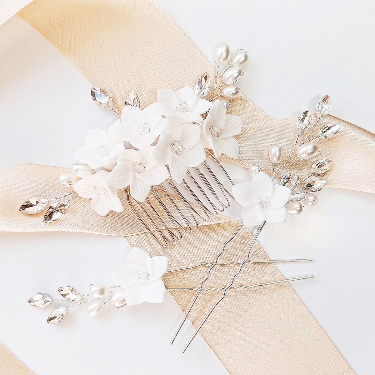 Zestaw grzebyk z wsuwkami kwiatami cyrkoniami ŚLUBNE srebrne ozdoby stroik