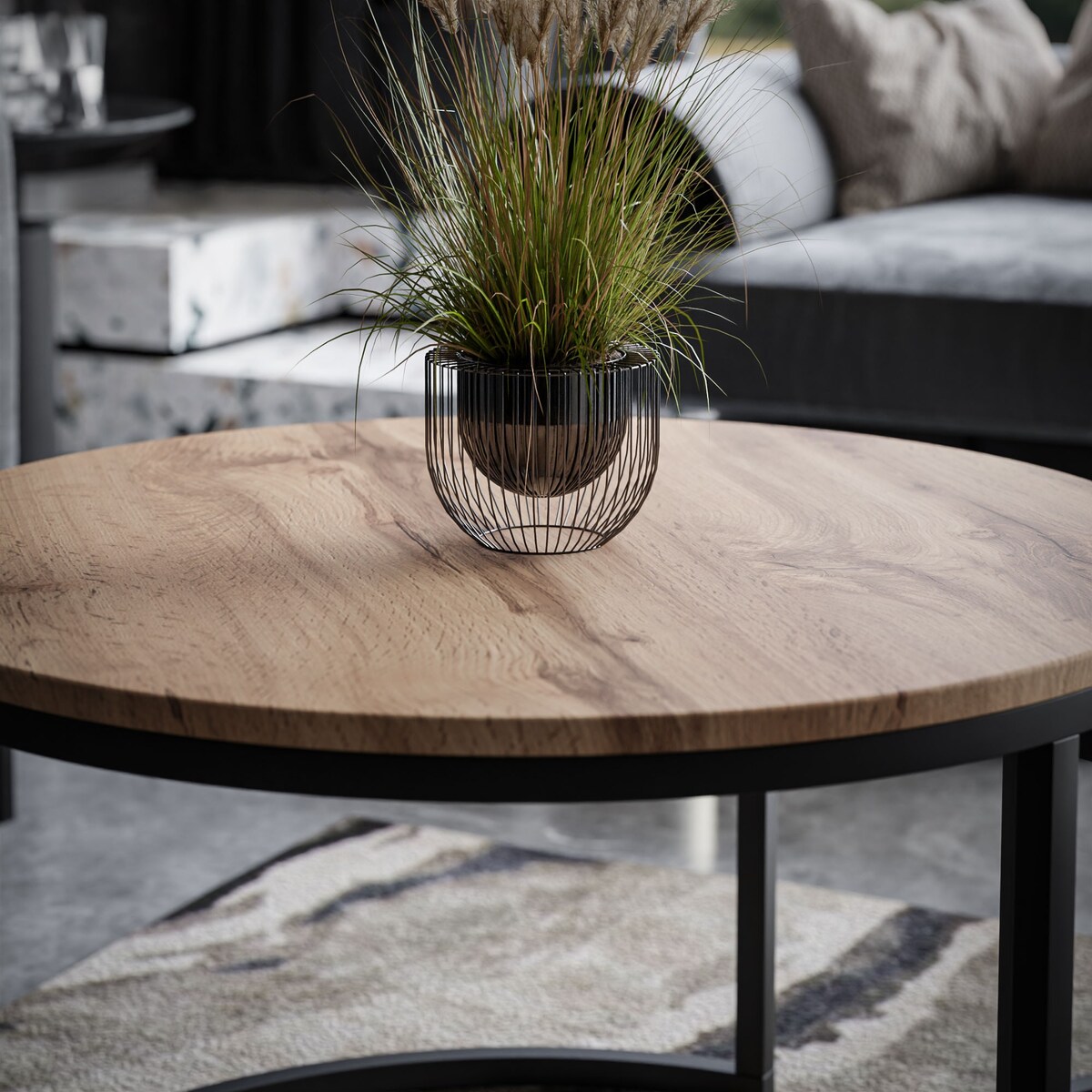 Okrągły stolik kawowy 2w1 CIRI SLIM MIX dąb wotan czarny