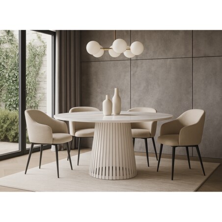 Stół VIV z lamelami do salonu, blat 110cm marmur jasny -podstawa kaszmirowa