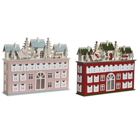 Kalendarz adwentowy LED 31x37,5x8,5 cm WILLA czerwony z domkami