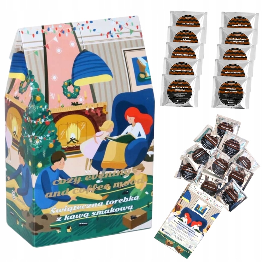ZESTAW PREZENTOWY BOX KAWY SMAKOWE MIELONE W SASZETKACH MIX PREZENT UPOMINEK POD CHOINKĘ NA ŚWIĘTA GWIAZDKĘ MIKOŁAJA BOŻE NARODZENIE DLA KOBIETY FACETA MĘŻCZYZNY