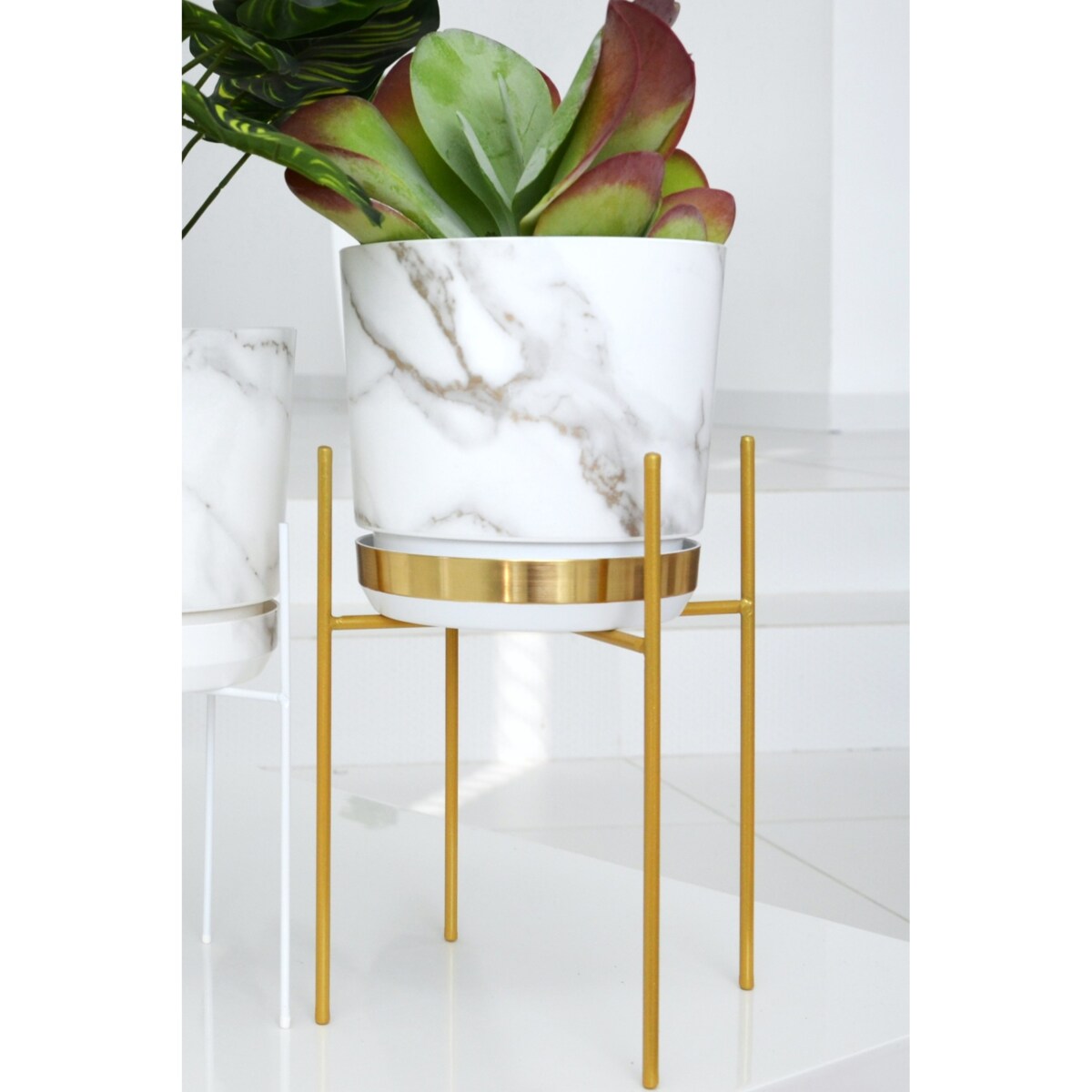 12 Doniczka DUO MARMUR WENECKI z podstawką MOSIĄDZ dwukolorowa biała + szare złote el. imitacja kamienia wykoń. satynowe matowe elegancka klasyczna