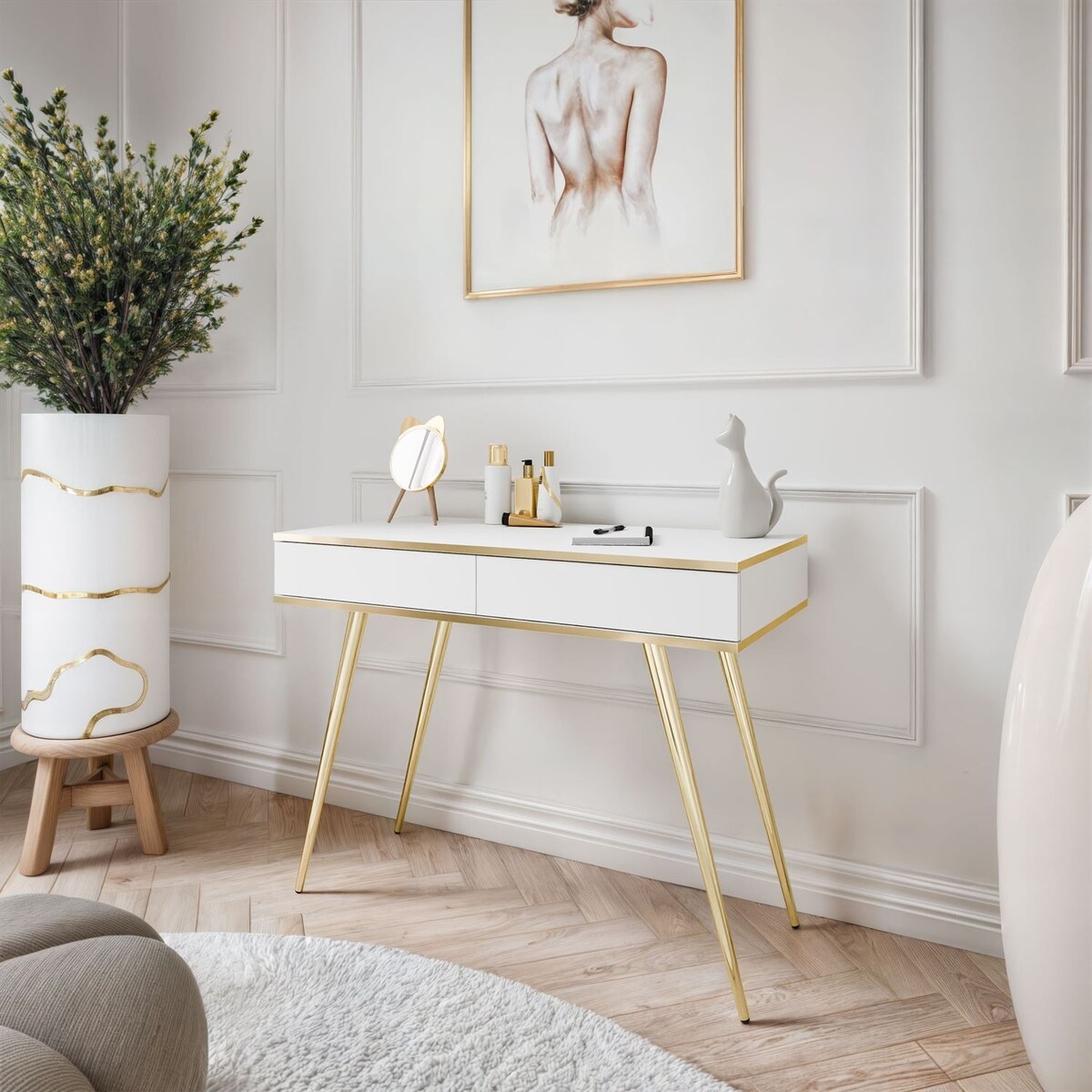 Konsola OXFORD z szufladami na złotym stelażu, biały mat